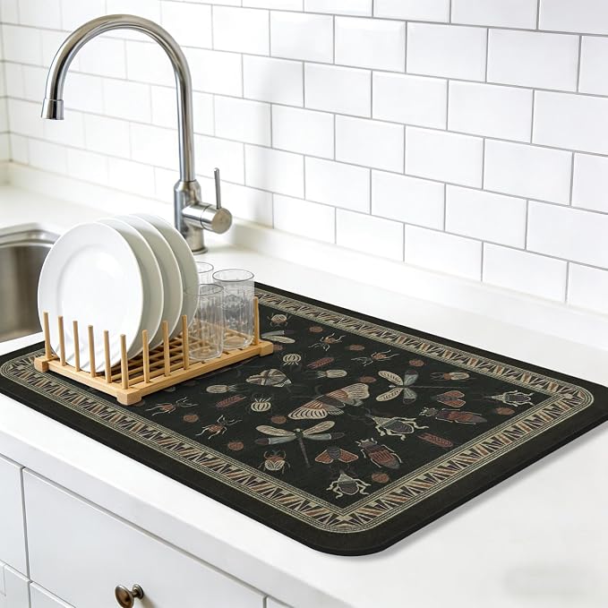 Dish Drying Mat, Vintage Rustic Boho Kitchen Dishes Absorbent Pad, 12x20in | Eco-friendly diatomite with non-slip rubber backing. Super absorbent mat for kitchen counters, coffee bars & sinks