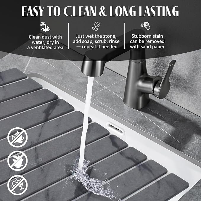 2 PCS Large Stone Dish Drying Mat for Kitchen Counter, 24"×16" Grey Marble Dish Drying Mat with 8"x 4" Coasters, Non - Slip Collapsible Absorbent Stone Dish Drying Mat for Multi - Purpose