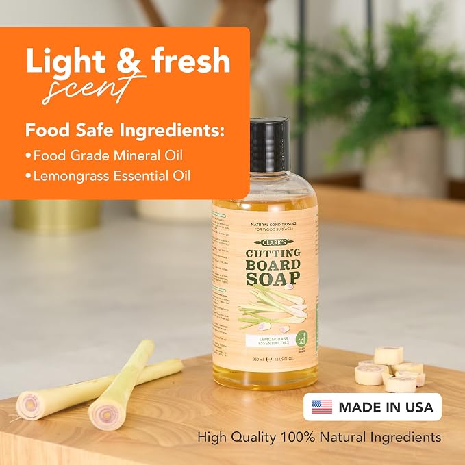 CLARK'S Cutting Board Organic Soap - Enriched with Lemongrass Extracts - Cleaner for Kitchen Countertops, Butcher Blocks, Bamboo, Wooden Bowls and Utensils - Cleans and Restores Wood - Food Safe