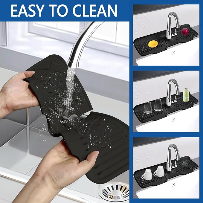 Kitchen Sink Accessories -17" x 6'' Sink Splash Guard,Silicone Sink Mat Splash Guard, fit for Countertop, Bathroom,Farmhouse,RV by EBIGIC (Black)