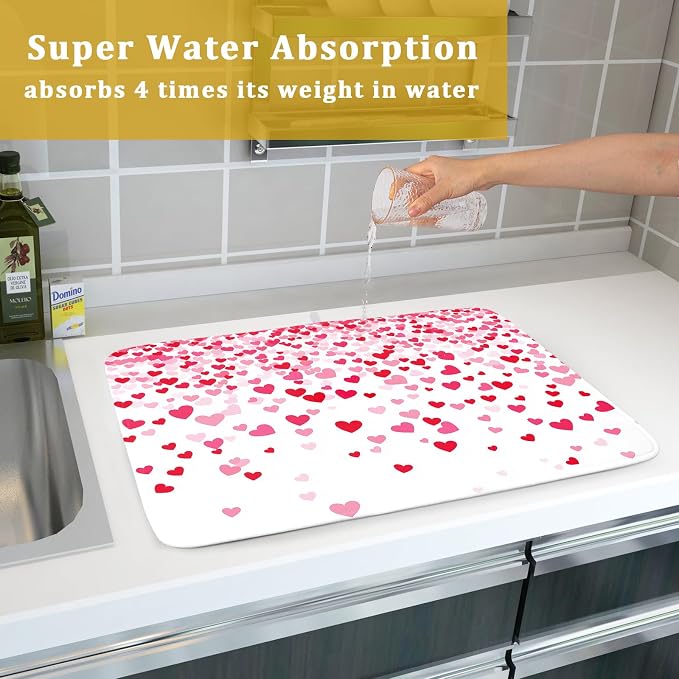 Valentine's Day Dish Drying Mat for Kitchen Counter Love Heart Kitchen Dish Drying Pad 16”x18” Absorbent Reversible Happy Valentine Dishes Drainer Pad Dish Drying Rack Mat for Countertop