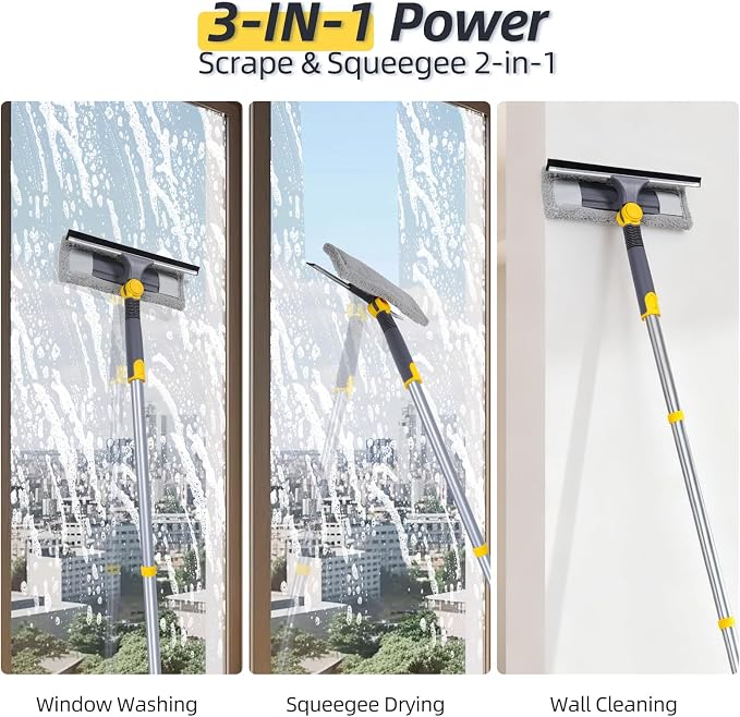 Masthome 77" Squeegee for Window Cleaning | 2-in-1 Window Cleaning Kit, 180° Lockable Rotating Head, Adjustable Pole for High Window