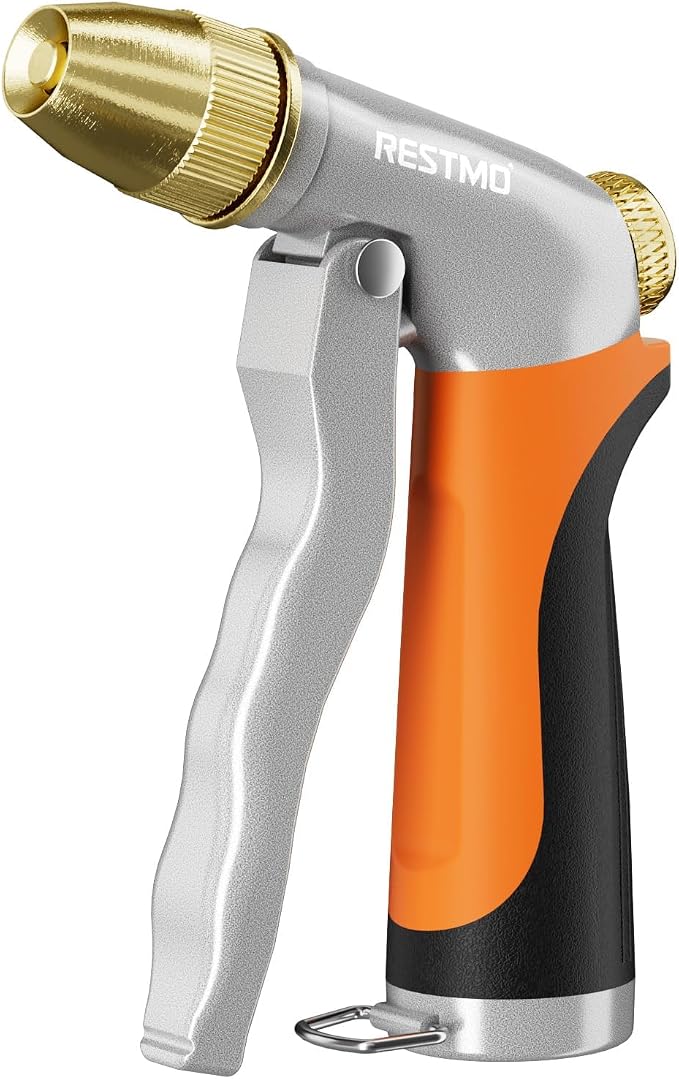 RESTMO Metal Water Hose Nozzle, High Pressure Garden Sprayer, Orange | Adjustable Brass Head for 4 Spray Patterns, Heavy Duty Garden Water Sprayer for Outdoor Lawn & Plant & Car