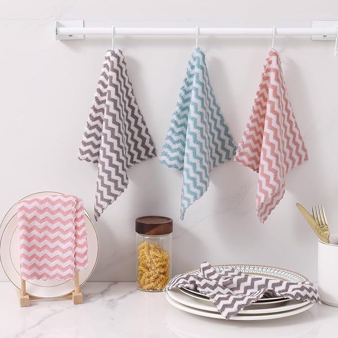 Homaxy 12 Pack Kitchen Dish Cloths, Ultra Soft and Absorbent Dish Towels, Reusable Fast Drying Microfiber Cleaning Cloth, Wave Coral Velvet No-lint Cleaning Rags, 10 x 10 inches, Multicolor