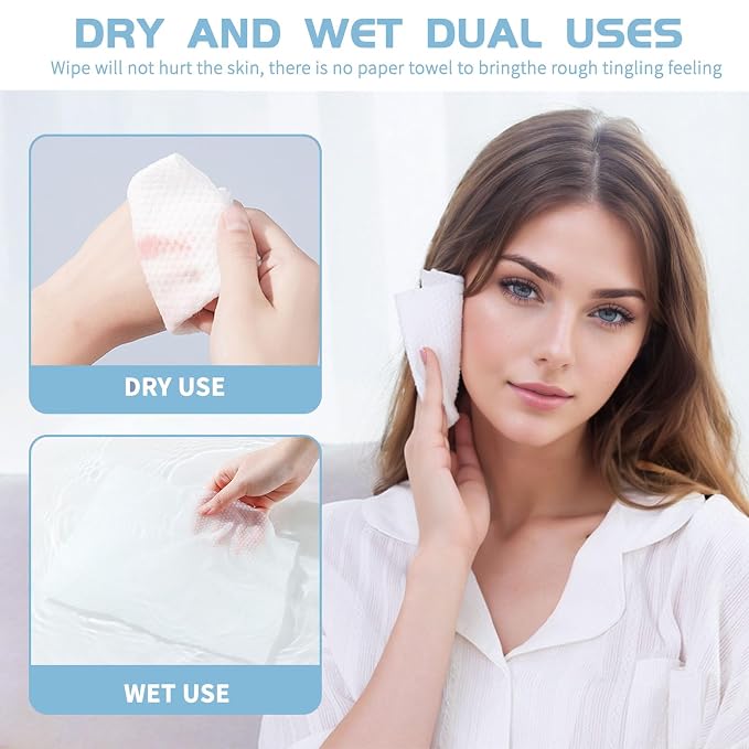Cotton Facial Dry Wipes 100 Count, Deeply Cleansing Disposable Face Towel Wash Cloth, Multi-Purpose for Skin Care, Make-up Wipes, Face Wipes and Facial Cleansing (6 Pack)