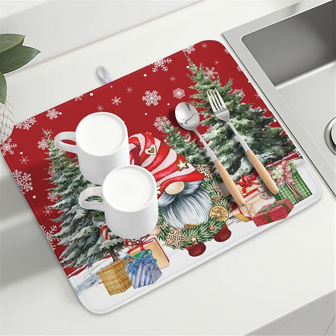 Christmas Dish Drying Mat for Kitchen Counter, Merry Christmas Dish Drying Mat 18 x 24 Inch Xmas Gnomes Absorbent Reversible Microfiber Dish Drying Pad Kitchen Drying Mat for Coffee Bar