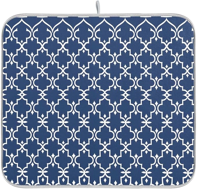 Super Absorbent Dish Drying Mat Microfiber Fast-Drying Dish Mat 16" x 18" Kitchen Dish Drying Pad Watercolor Cute Navy Blue Moroccan