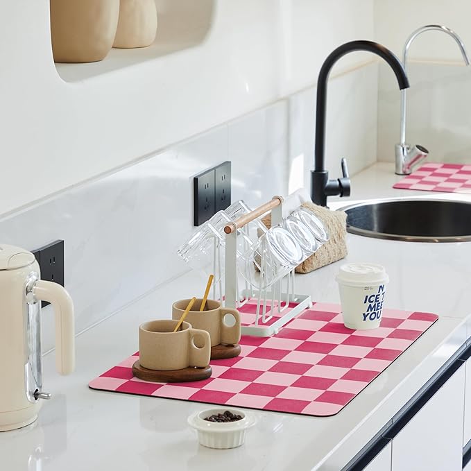 Ohocut Checkered Dish Drying Mat for Kitchen Counter, Coffee Bar Station Accessories, Retro Cute Girly Pink Aesthetic Modern Absorbent Drainer Mat Kitchen Drying Mat Easy Clean, Hot Pink 16" x 24"