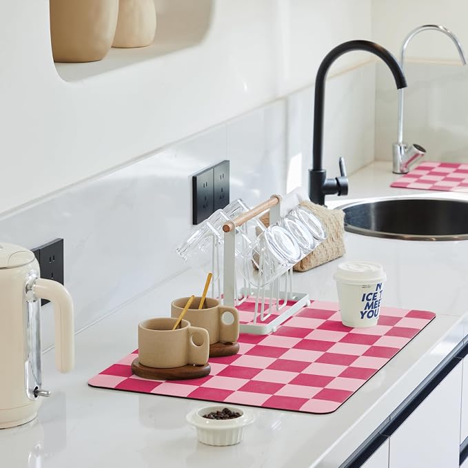 Ohocut Checkered Dish Drying Mat for Kitchen Counter, Coffee Bar Station Accessories, Retro Cute Aesthetic Modern Absorbent Drainer Mat Kitchen Drying Mat Easy Clean, Hot Pink 12" x 19"