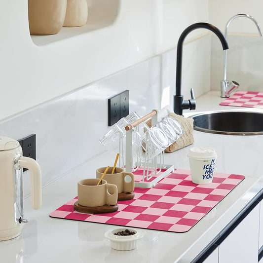Ohocut Checkered Dish Drying Mat for Kitchen Counter, Coffee Bar Station Accessories, Retro Cute Aesthetic Modern Absorbent Drainer Mat Kitchen Drying Mat Easy Clean, Hot Pink 12" x 19"