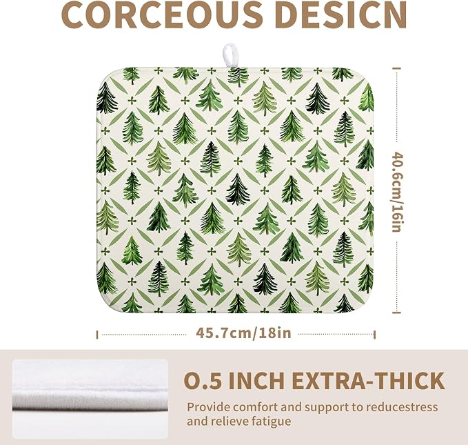 Christmas Dish Drying Mat for Kitchen Counter 16x18 Inch Sage Green Xmas Tree Drying Mats Winter Holiday Dish Drainer Pad Microfiber Absorbent Dish Draining Mat for Coffee Bar