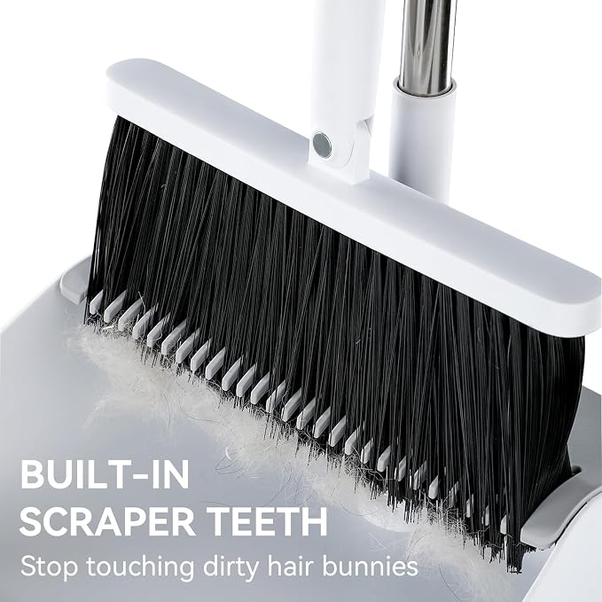 MOPALL Broom with Dustpan Combo Set Collapsible Standing Inc 2 Broom Heads | 53" Long Handle, Self-Cleaning Dust Pan Teeth, 180° Swivel Brooms Head, Upright Standing for Sweeping Indoor Dog Cat Hair