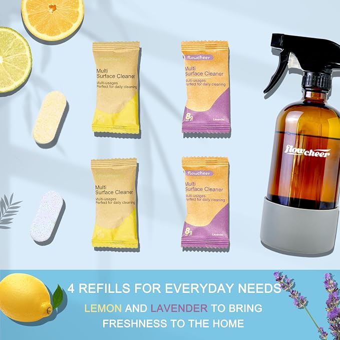 flowcheer Multi-Surface Cleaner Kits-2 Pack Reusable Spray Bottles & 4 Pack All Purpose Cleaner Refills Tablet, 4 x 16.9 Fl oz Bottles of Spray Cleaner Lemon and Lavender Scent