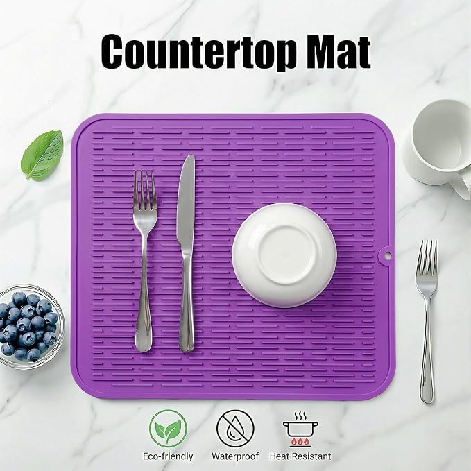 MicoYang Silicone Dish Drying Mat for Multiple Usage,Easy clean,Eco-friendly,Heat-resistant Silicone Mat for Kitchen Counter or Sink,Refrigerator or Drawer Liner Purple XL 18 inches x 16 inches