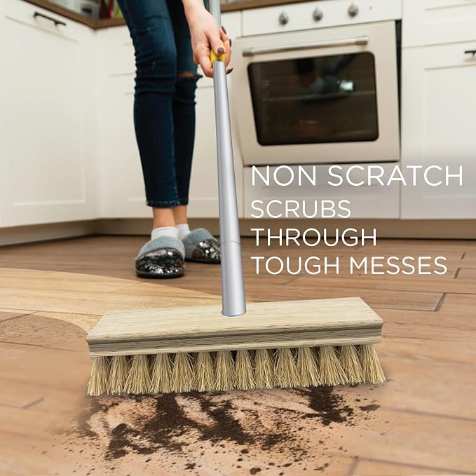 LOLA Deck Scrub Brush, 9" x 3.5" Head w/Natural Coco Bristles for Outdoor Cleaning, Removes Dirt & Grime from Patios, Decks, Grout, 1 Count