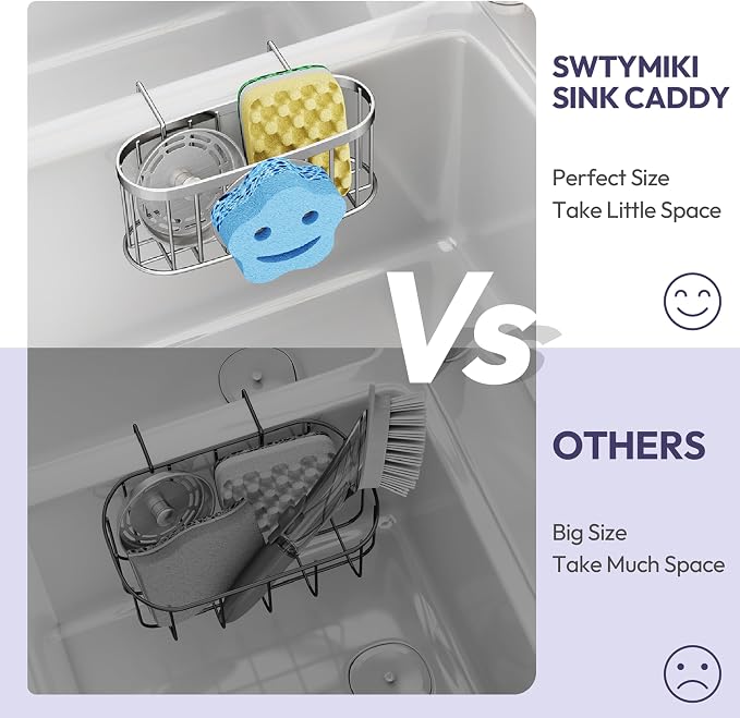 SWTYMIKI Sponge Holder for Kitchen Sink - Movable Sink Caddy with Smiley Face Sponge Holder, Rustproof Hanging Sponge Organizer in Double Bowl Sinks Depth>3.15in, Middle Divider<1.5in, Silver