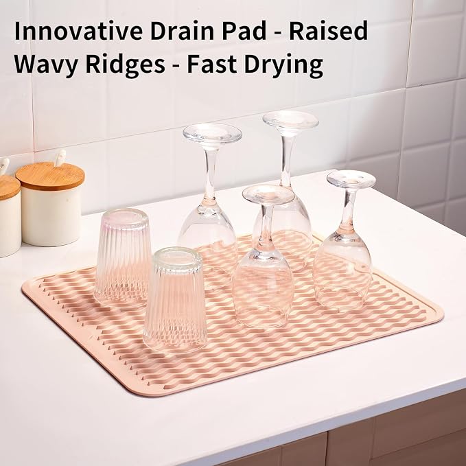 ZLR Silicone Dish Drying Mat for Kitchen Counter (12" x 16" / 307 x 405mm) - Large Fast-Dry Drainer Mat with Raised Wavy Ridges & 5mm Lip - Non-Slip, Heat Resistant 450°F, BPA-Free (Peach Pink)