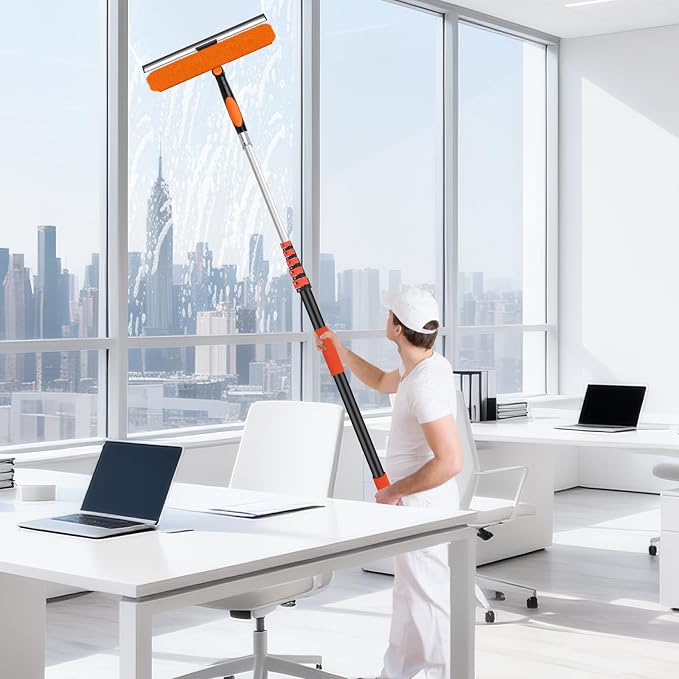 14" Extra-Wide Window Squeegee with Extension Pole, 30FT High Reach Window Cleaning Kit with- 2-in-1 Professional Window Scrubber & 5-24FT Extension Pole, for Indoor & Outdoor High Windows,RVs