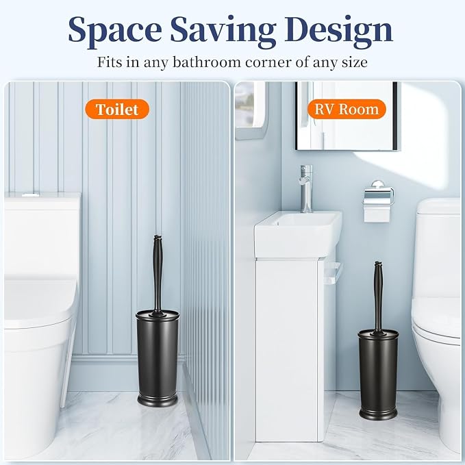 HAMITOR Toilet Bowl Brush Holder Set: Classic Round Bristle Head Deep Cleaning Cleaner Scrubber with Tall Caddy for Restroom - Home Bathroom Decor Accessories - Black 3 Pack