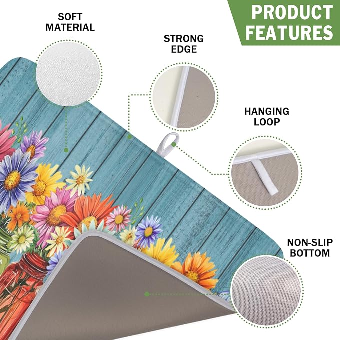 Vintage Floral Dish Drying Mat for Kitchen Counter Rustic Flower Vases Wooden Board Microfiber Dish Drainer Mat Spring Summer Absorbent Washable Drying Pad 16"x18"