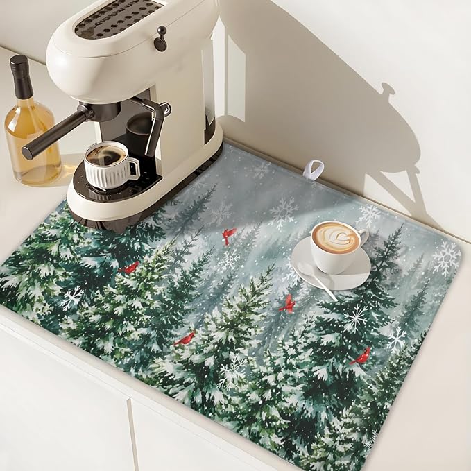 Winter Forest Snowflake Dish Drying Mat for Kitchen Counter 18"x24" | Christmas Green Pine Trees Birds Dish Drainer Mat Rustic Winter Holiday Absorbent Washable Drying Pad