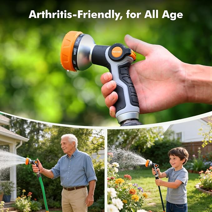 RESTMO 10-in-1 Water Hose Nozzle, Garden Hose Sprayer for Outdoor | 10 Spray Patterns, Lightweight, Thumb Control for Flow Adjustment, Ideal for Watering Plants & Lawns, Cars & Pets, Orange
