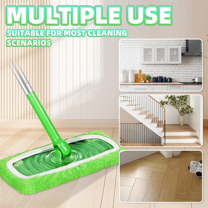 8 Pack Reusable Mop Pads Compatible with Swiffer Sweeper, Coral Fleece Washable Swiffer Pads, Dry & Wet Sweeping Mopping Cloths (Green, Not Included Mop)