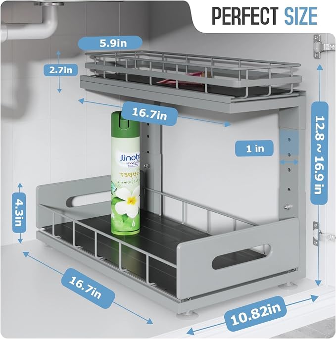 Under Sink Organizer Upgrade To Professional Rails,2-Tier Dual Pull Out Cabinet Storage,Height Adjustable Slide Out Drawers For Bathroom Kitchen,2 Pack-16.7"Dx12.8"-16.9"H,Gun Gray