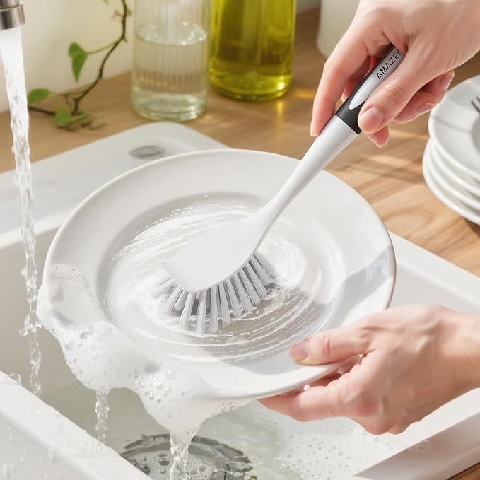 Amazer Dish Brush, 2 Pack Dish Scrubber with Handle, Kitchen Dishes Brushes, Scrub Brush with Stiff Bristles for Cleaning, Sink, Pots, Pans