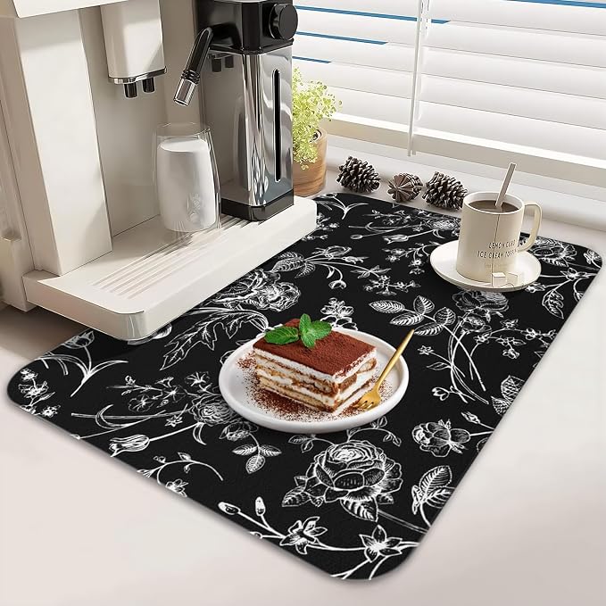 Dish Drying Mat 2-Pack in Black White Floral for Kitchen Counter Dishes | Diatom Mud Mats (18x24, 19.5x12"). Non-slip rubber back for kitchen counter, coffee bar & sink scenes