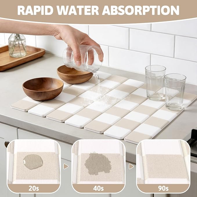 Yamaziot Stone Drying Mat for Kitchen Counter, 16"x12" Small Foldable Ultra Absorbent Stone Drying Mat, Quick-Dry Diatomaceous Earth Mat, Non-Slip Heat Resistant Mat for Dishes, Cups, Bottles, Beige