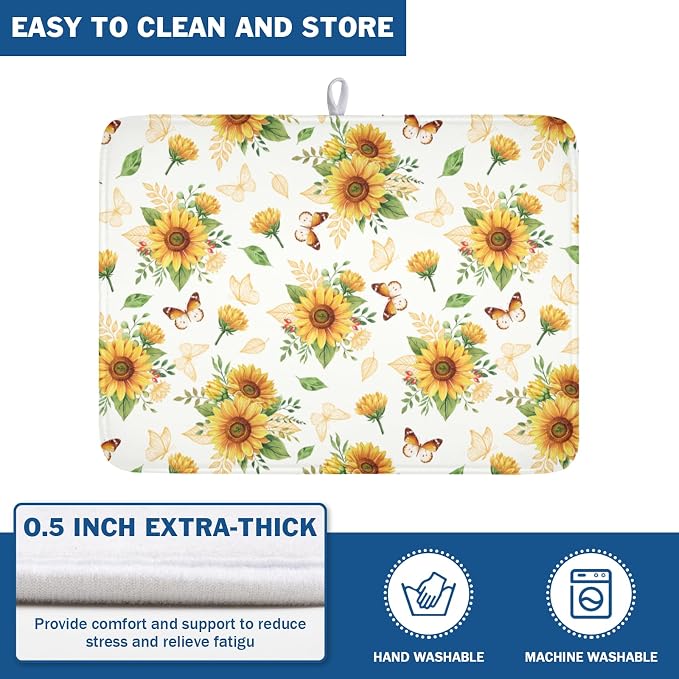 Sunflower Dish Drying Mat for Kitchen Counter Summer Yellow Floral Microfiber Dish Drainer Mat Rustic Farmhouse Absorbent Washable Drying Pad Extra Large 18"x24"