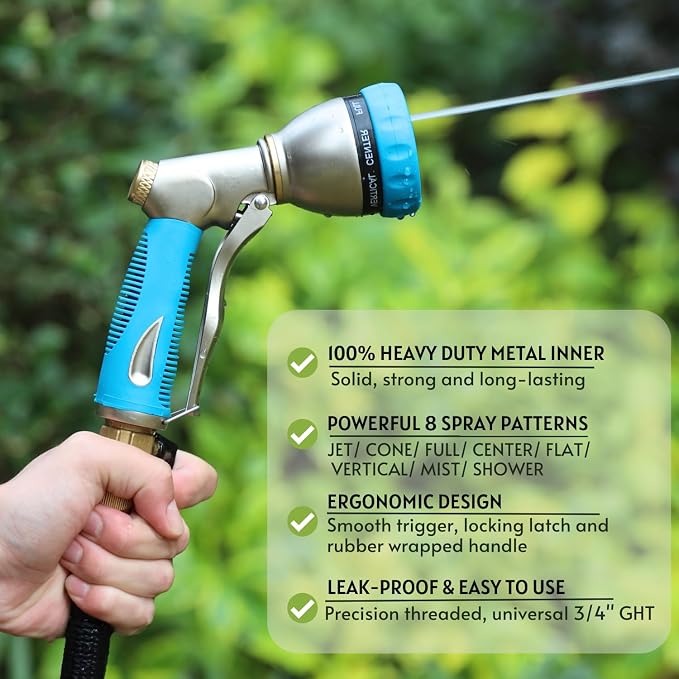 HOSUN 100% Metal Garden Hose Nozzle Sprayer with Ergonomic Handle, Blue | Heavy Duty, 8 Spray Patterns, Zinc Alloy Body, High Pressure, Non-Slip Grip, Squeeze latch, Watering Plant, Washing Car