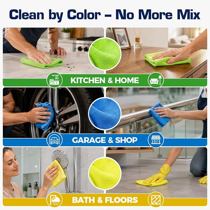 GLIMGLINT Microfiber Cleaning Cloth, 150 Pack Reusable Lint-Free Towels - Blue, Yellow & Green Soft Microfiber Towels for Home, Kitchen, Bathroom, Glass & Tables - 11"x9" Washable Shop Rags