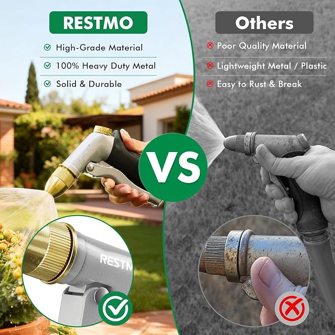 RESTMO Metal Water Hose Nozzle, High Pressure Garden Sprayer, Black | Adjustable Brass Head for 4 Spray Patterns, Heavy Duty Garden Water Sprayer for Outdoor Lawn & Plant & Car