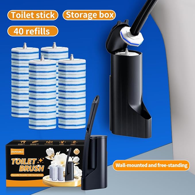 Disposable Toilet Brush - Toilet Bowl Cleaner, Toilet Cleaning Supplies, Toilet Brush with Holder, Toilet Bowl Cleaner Wands，40 Refills for Toilet Cleaning and Hygienic Bathroom Maintenance