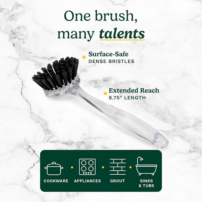 Cuisinart Dish Brush with Handle, 2 Pack, Firm Bristles | Multi-purpose dish scrubber for plates, pots, and pans, deep cleaning removes grease, safe for nonstick, round head