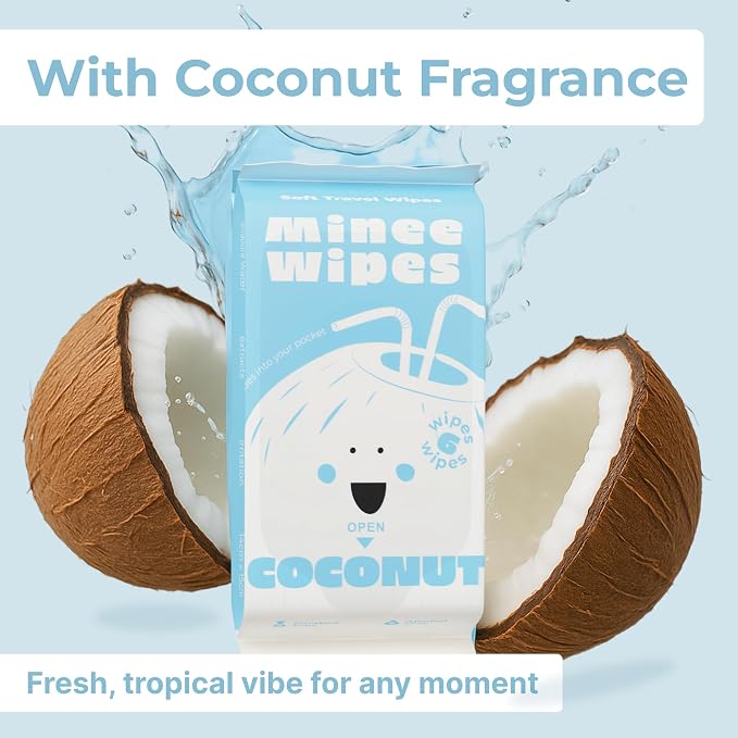 Impossibly Compact Travel Wipes - 99.5% Water - Safe for Sensitive Skin, Resealable, Thick & Durable - For Adults & Kids - Coconut, 10 Pack Total 60 Wipes