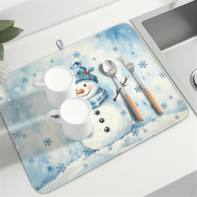 Winter Snowman Dish Drying Mat for Kitchen Counter 18x24 Inch | Blue Christmas Snowflake Snow Scene Dish Drainer Mat Rustic Seasonal Holiday Absorbent Washable Drying Pad
