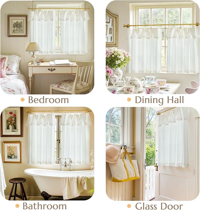 jinchan Linen Tier Kitchen Curtains, 30x36, 2 Panels, Beige White | Light filtering, rod pocket, farmhouse, small window decor, cafe style, machine washable, bathroom, laundry room, RV