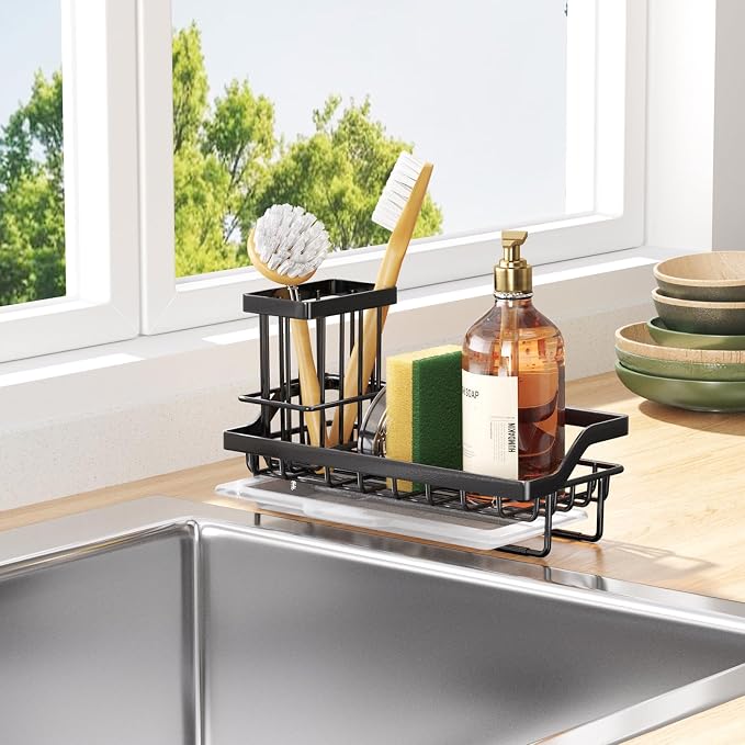 Consumest Sponge Holder for Kitchen Sink - Kitchen Sink Caddy Organizer with Removable Drip Tray for Countertop Dish Soap Dispenser Brush Storage Accessories 304 Stainless Steel - Black