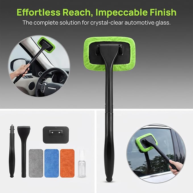 Car Windshield Cleaner Tool, Inside Windshield Cleaning Tool | with 4 Washable and Reusable Microfiber Pads, Auto Wiper Inside Compact Windshield Brush for Car & Home Windows