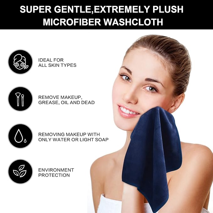 SINLAND Microfiber Facial Cloths Fast Drying Washcloth 12inch x 12inch (Pack of 2, Navy Blue)