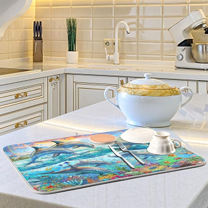 Absorbent Dish Drying Mat for Kitchen Counter - Dolphin Watercolor Summer Microfiber Drying Pad, Reversible Drainer Mats for Countertop, Small 16 x 18 inch