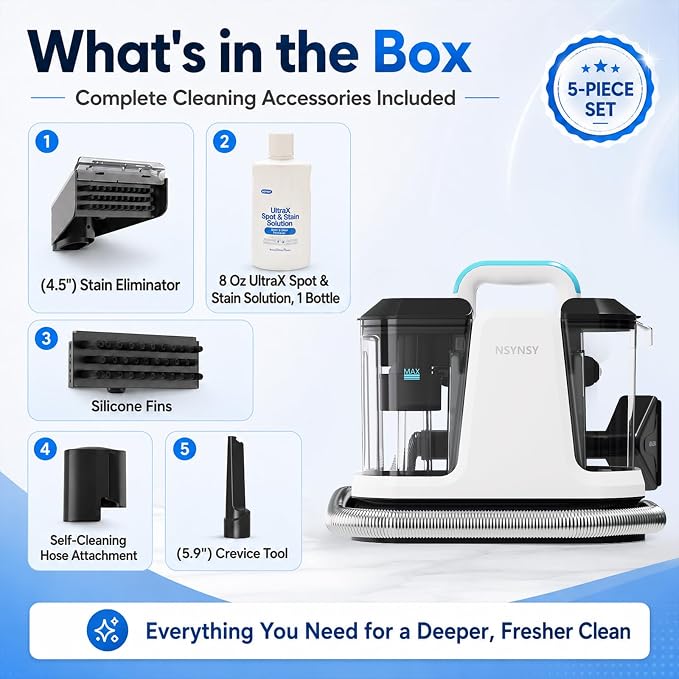 Portable Carpet Upholstery Cleaner for Furniture, Pet Stains, Car Interiors | Powerful Suction, Faster Drying, Deep Stain Removal, Lightweight Design, Large Dual Tanks, Long Hose & Cord, Home & Car Use