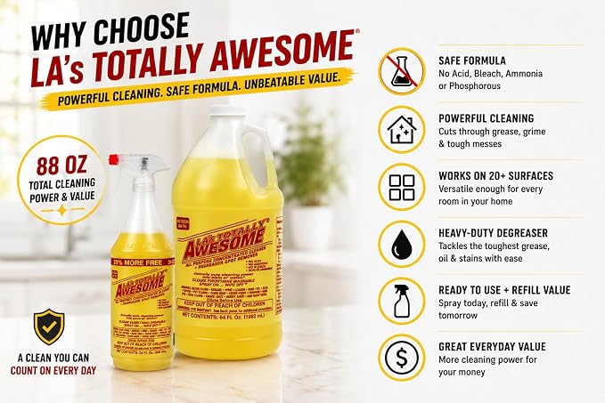 La's Totally Awesome All Purpose Cleaner & Degreaser, 24 oz Spray + 64 oz Refill, Multi Surface Cleaner, Kitchen & Bathroom Cleaner, Grease Remover for Floors, Tile & Countertops