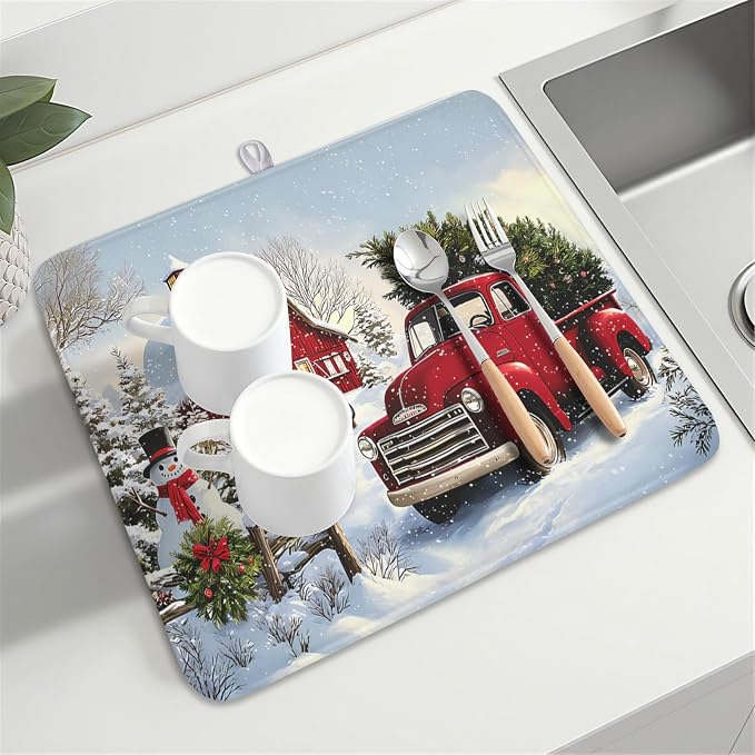 Giwawa Red Truck Dish Drying Mat Winter Xmas Tree Drainer Rack Pad 16"x18" Microfiber Absorbent Quick Dry Dish Sink Mat for Table Kitchen Counter