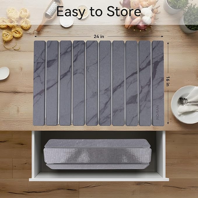 Stone Drying Mat for Kitchen Counter, 24"(L)×16"(W), Drying Matt Kitchen Counter, Quick Dry Stone Dishes Mats, Foldable Diatomaceous Earth Mat (Dark Gray)
