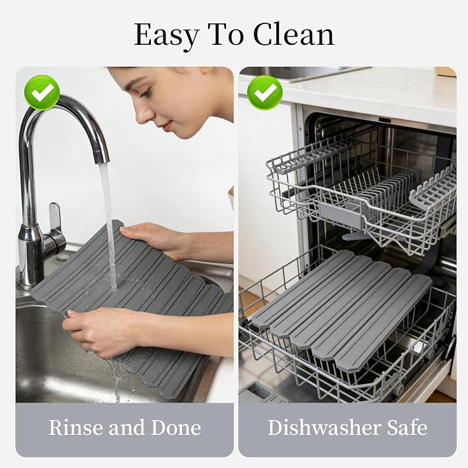 Silicone Dish Drying Mat for Kitchen Countertop - Waycco Large Customizable (Foldable & Trimmable) 23.6"x15.8" Heat Resistant Non-Slip Sink Mat for Dishes Cups & Fruits, Dishwasher Safe, Dark Grey