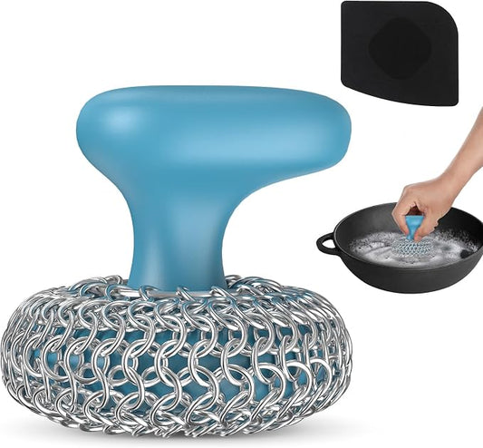 Cast Iron Scrubber | Dish Scrub Brush | 316 Cast Iron Cleaner Chainmail Scrubber for Pan Skillet Cleaner - Blue